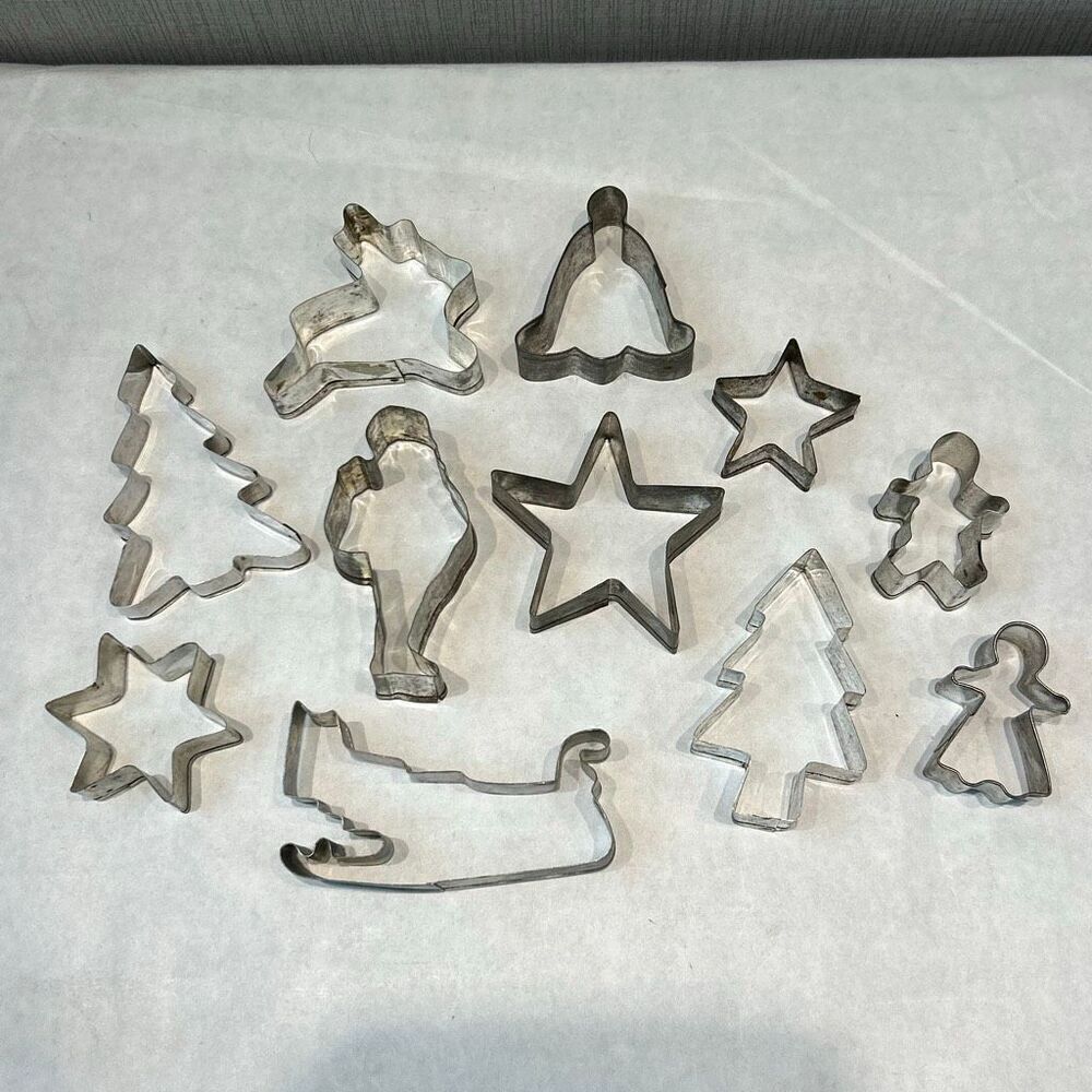 Vtg Metal Christmas Cookie Cutters Set of 11 Santa Tree Reindeer Star Sleigh Bel